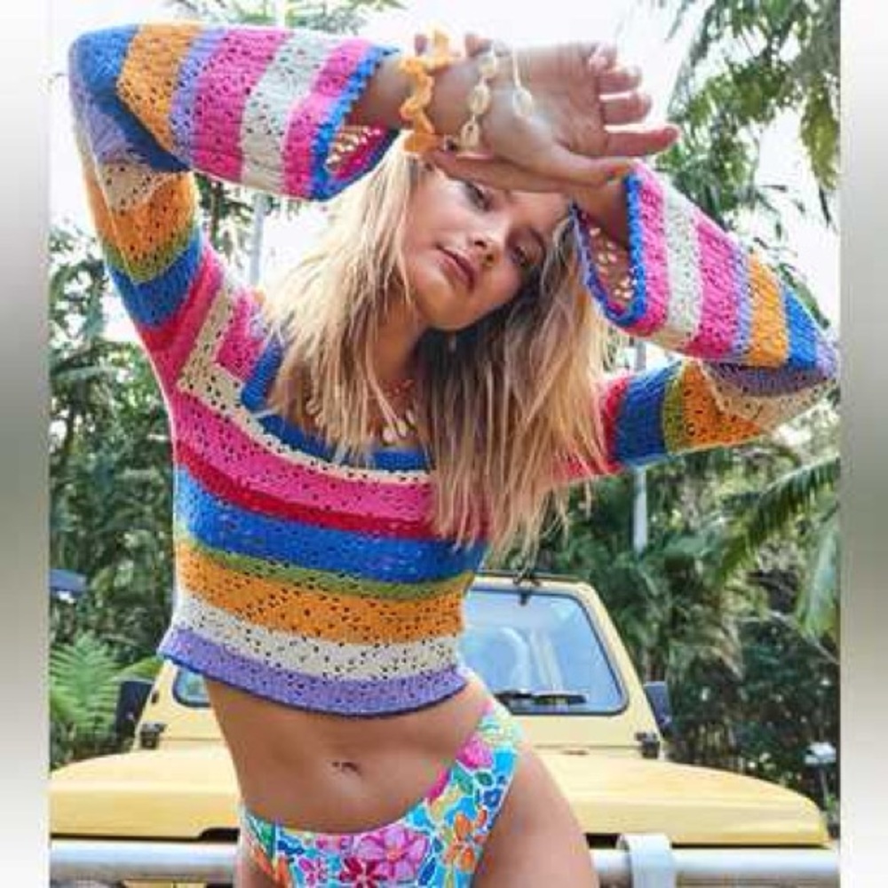 Colorful Striped Crochet bell sleeve cropped sweater top size xs or small